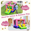 Inflatable bounce house with slide and basketball hoop, made of durable 420D oxford cloth, for indoor and outdoor play.