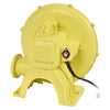 Yellow 480 W air blower pump fan with top-mounted handle for inflatable bounce houses and outdoor cleaning tasks.
