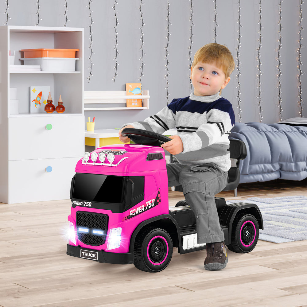 Kids electric ride-on truck in pink with adjustable seat, functional steering wheel, and LED lights for fun driving.