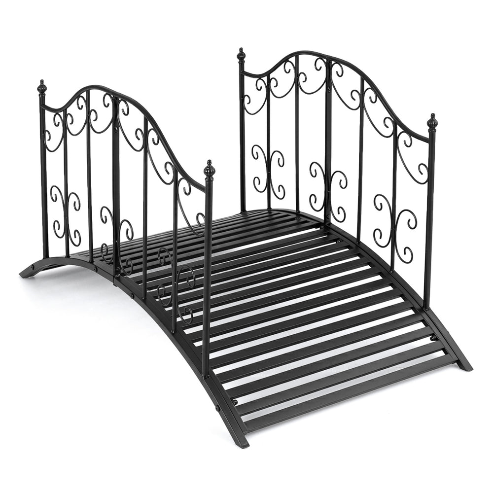 Garden metal bridge with dual patterned side rails, reinforced arched frame, and slatted walkway for outdoor durability.