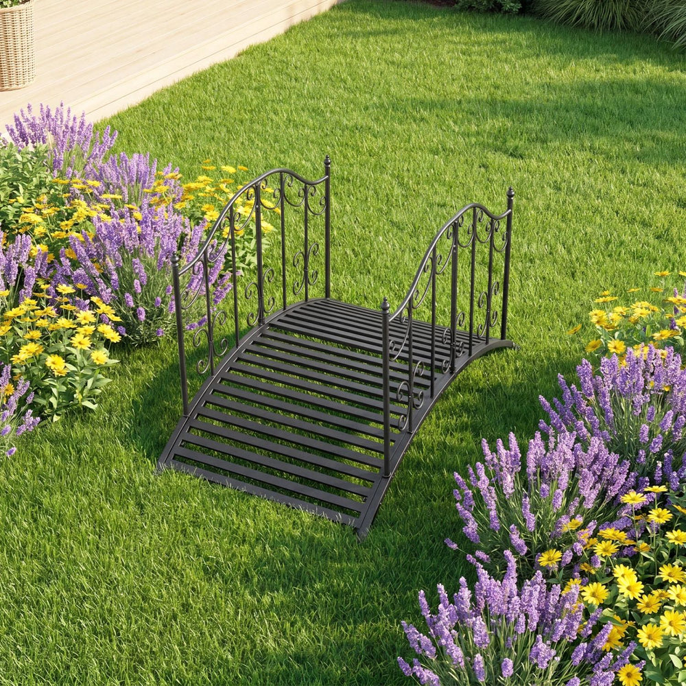 Garden metal bridge with dual patterned side rails, 3.9 ft long, featuring a reinforced arched frame for outdoor.