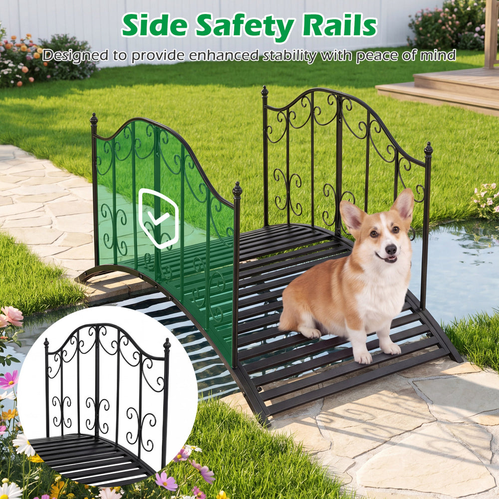 Garden metal bridge with dual patterned side rails, featuring a slatted walkway and reinforced arched frame for.
