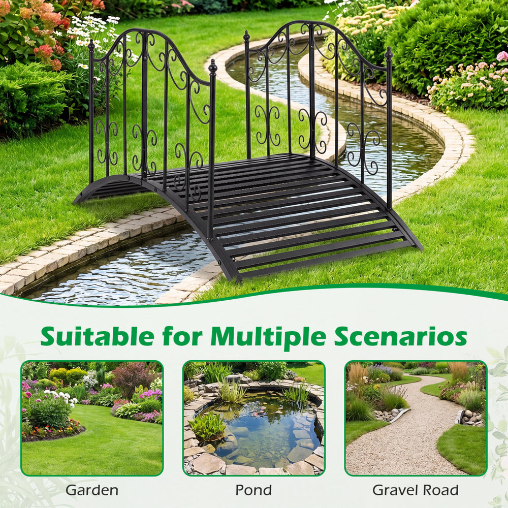 3.9 ft garden metal bridge with dual patterned side rails, featuring a reinforced arched frame for outdoor durability.