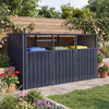 3-bin metal trash can storage shed in dark gray with flip-up lids, ideal for garden organization and waste concealment.