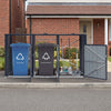 3-bin metal trash can storage shed in dark gray with flip-up lids, designed for organized waste management in yards.