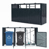 3-bin metal trash can storage shed in dark gray with flip-up lids, ideal for organizing yard waste and recycling.