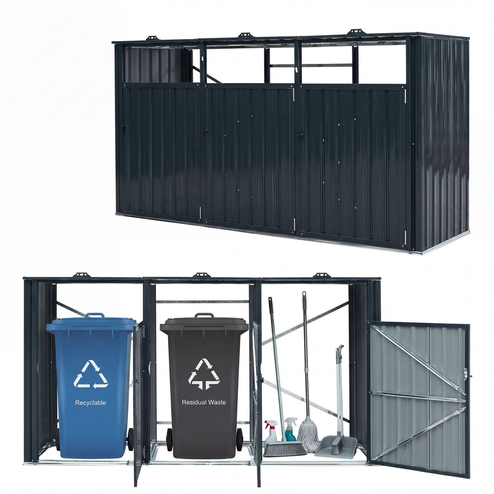 3-bin metal trash can storage shed in dark gray with flip-up lids, ideal for organizing yard waste and recycling.