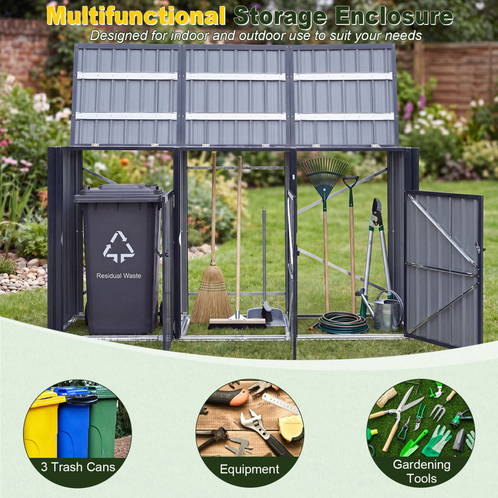 3-bin metal trash can storage shed in dark gray with flip-up lids, ideal for outdoor organization and gardening tools.