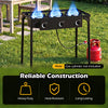 Three-burner propane stove with adjustable regulator, designed for camping BBQ, featuring durable construction and high heat output.