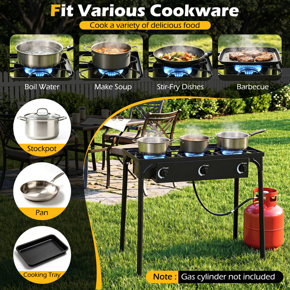Three-burner propane stove with adjustable regulator, perfect for camping BBQ and cooking various delicious meals outdoors.