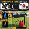 Three-burner propane stove with 240,000 BTU output, adjustable regulator, and hose for outdoor cooking and camping.