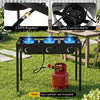 Three-burner propane stove with adjustable regulator and hose, ideal for camping BBQ and outdoor cooking.