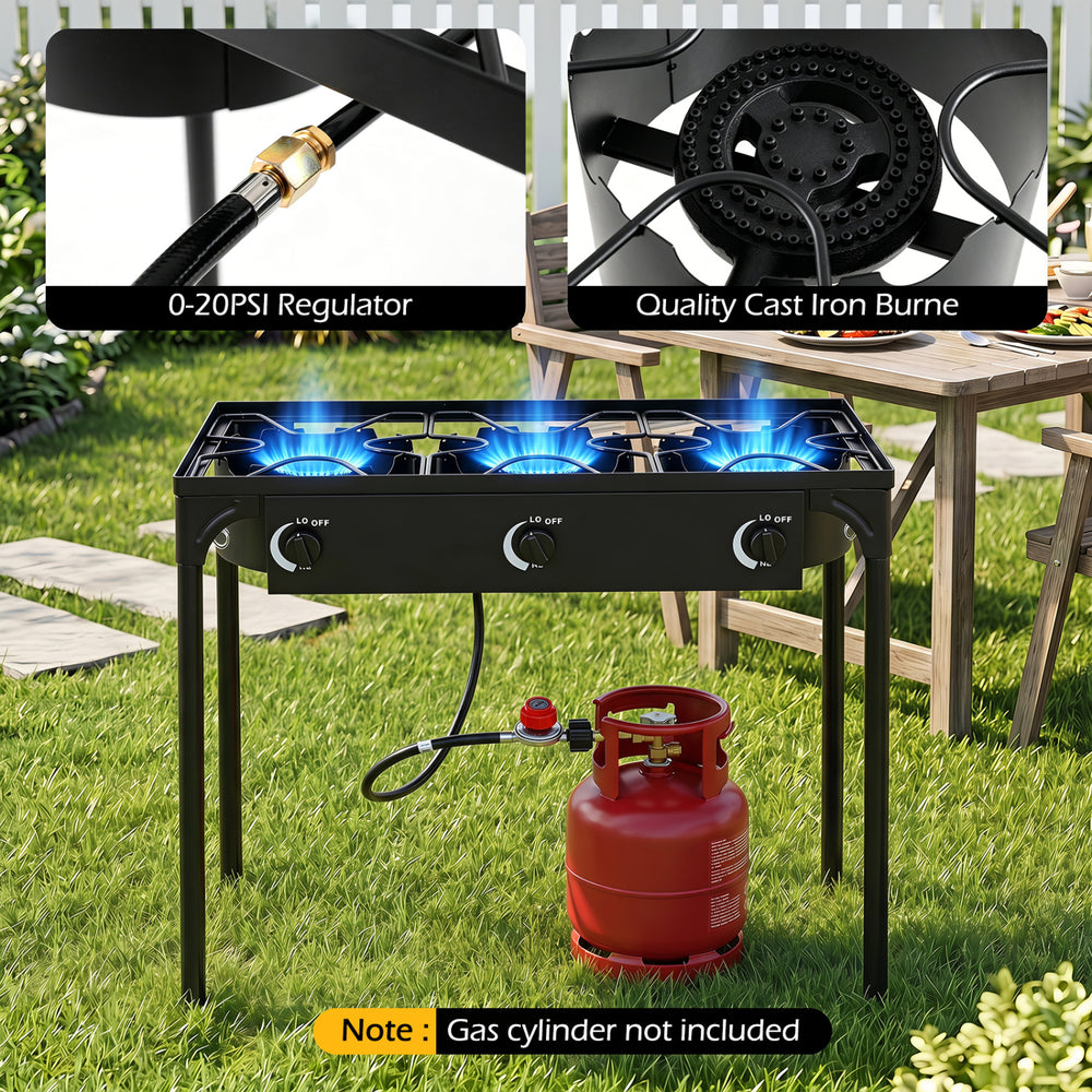 Three-burner propane stove with adjustable regulator and hose, ideal for camping BBQ and outdoor cooking.