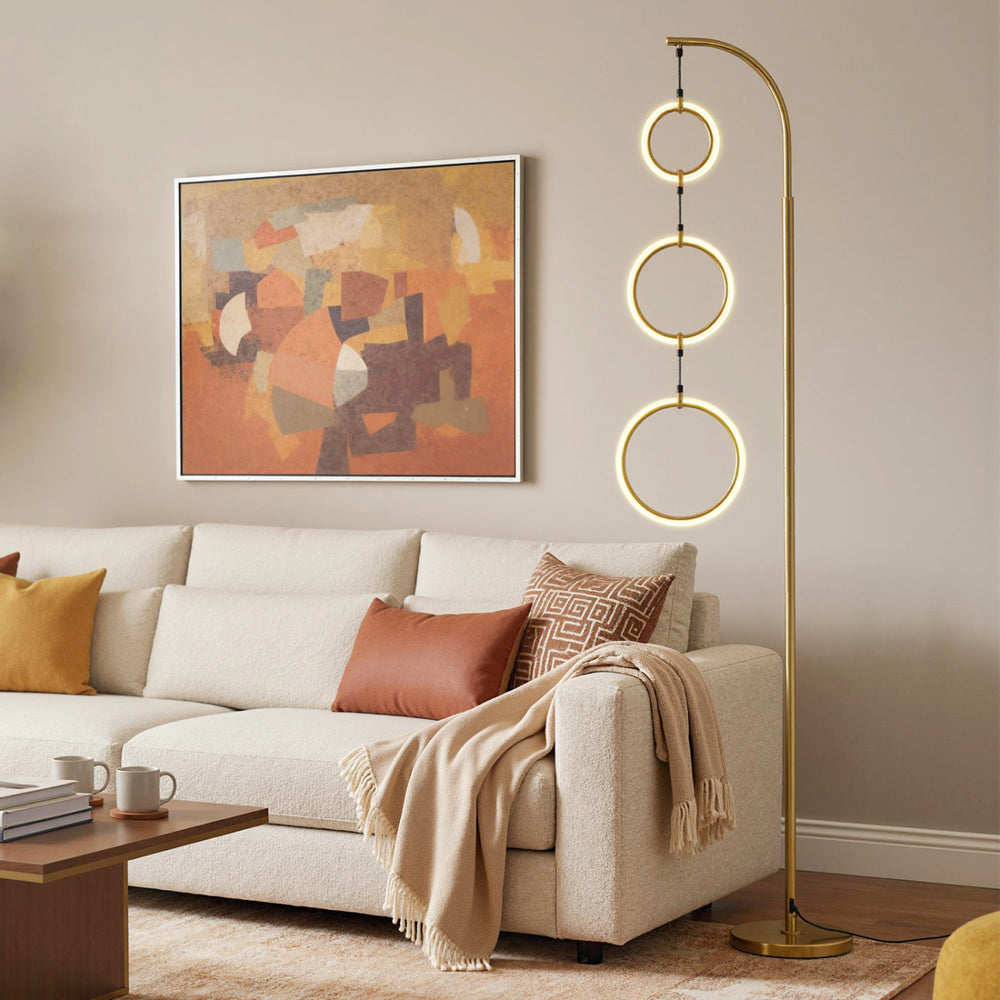 Dimmable 3-circle LED floor lamp in gold with adjustable brightness and three color temperatures, perfect for modern.