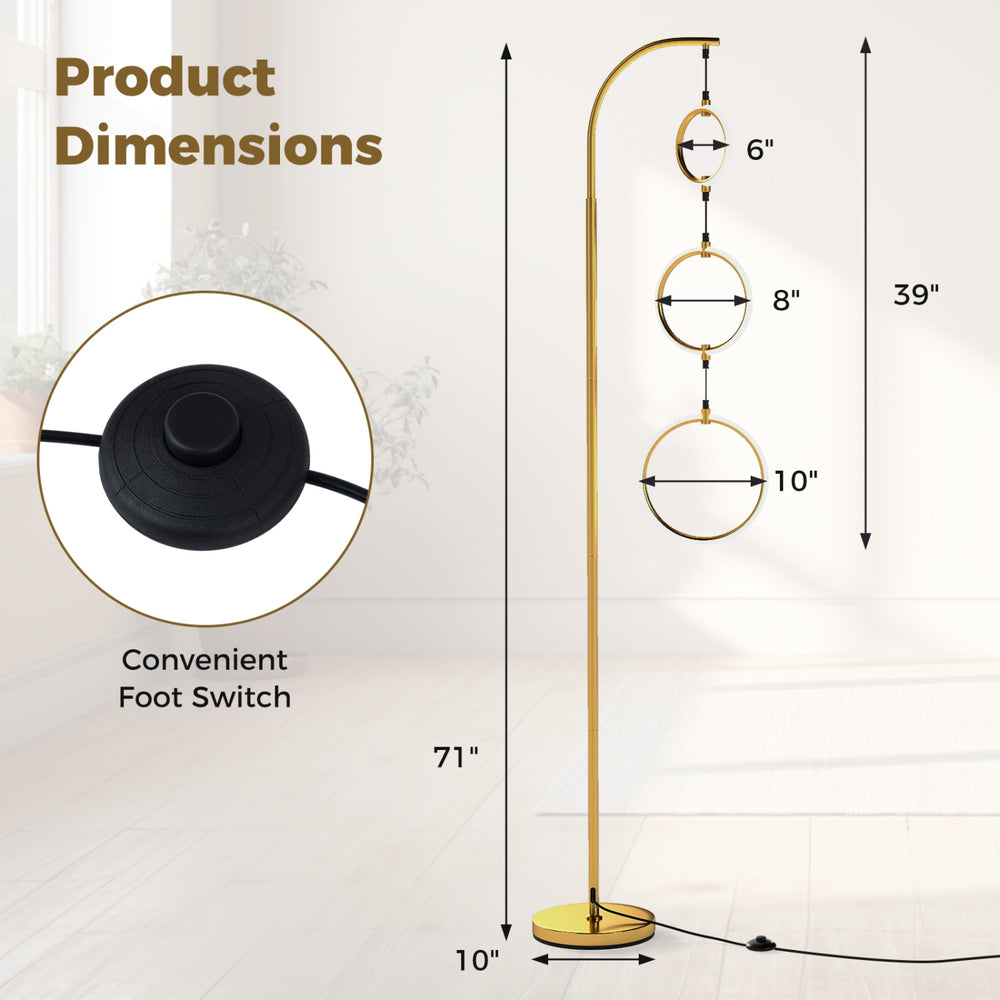 3-circle dimmable LED floor lamp in gold with adjustable brightness and foot pedal switch, ideal for living room or.