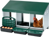 3-compartment roll away metal chicken nesting box in green with removable egg trays and slanted roof for easy access.
