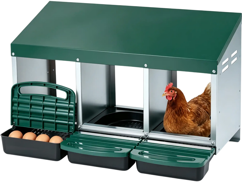 3-compartment roll away metal chicken nesting box in green with removable egg trays and slanted roof for easy access.