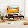 Rustic brown 3 cubby TV stand for TVs up to 70 inches with open storage compartments, perfect for living room.