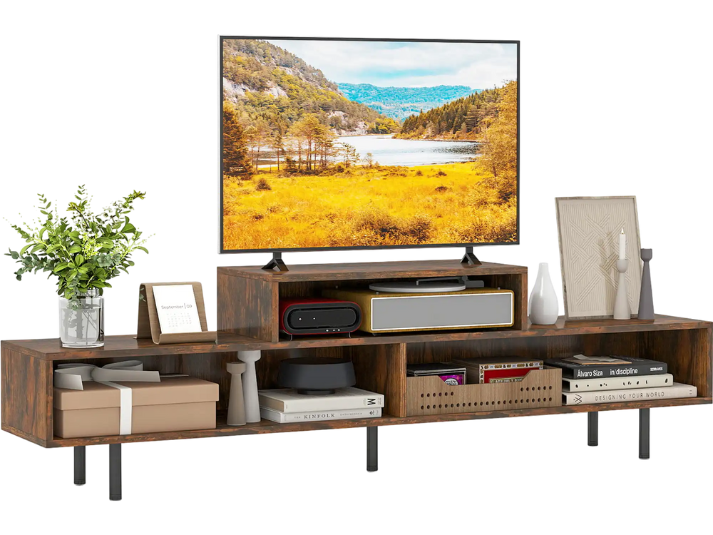 Rustic brown 3 cubby TV stand with open storage compartments for TVs up to 70 inches, ideal for living room.