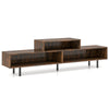 Rustic brown 3 cubby TV stand with open storage compartments, suitable for TVs up to 70 inches, featuring metal legs.