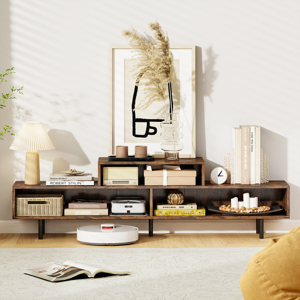Rustic brown 3 cubby TV stand showcasing open compartments, perfect for organizing media accessories and decor in your.