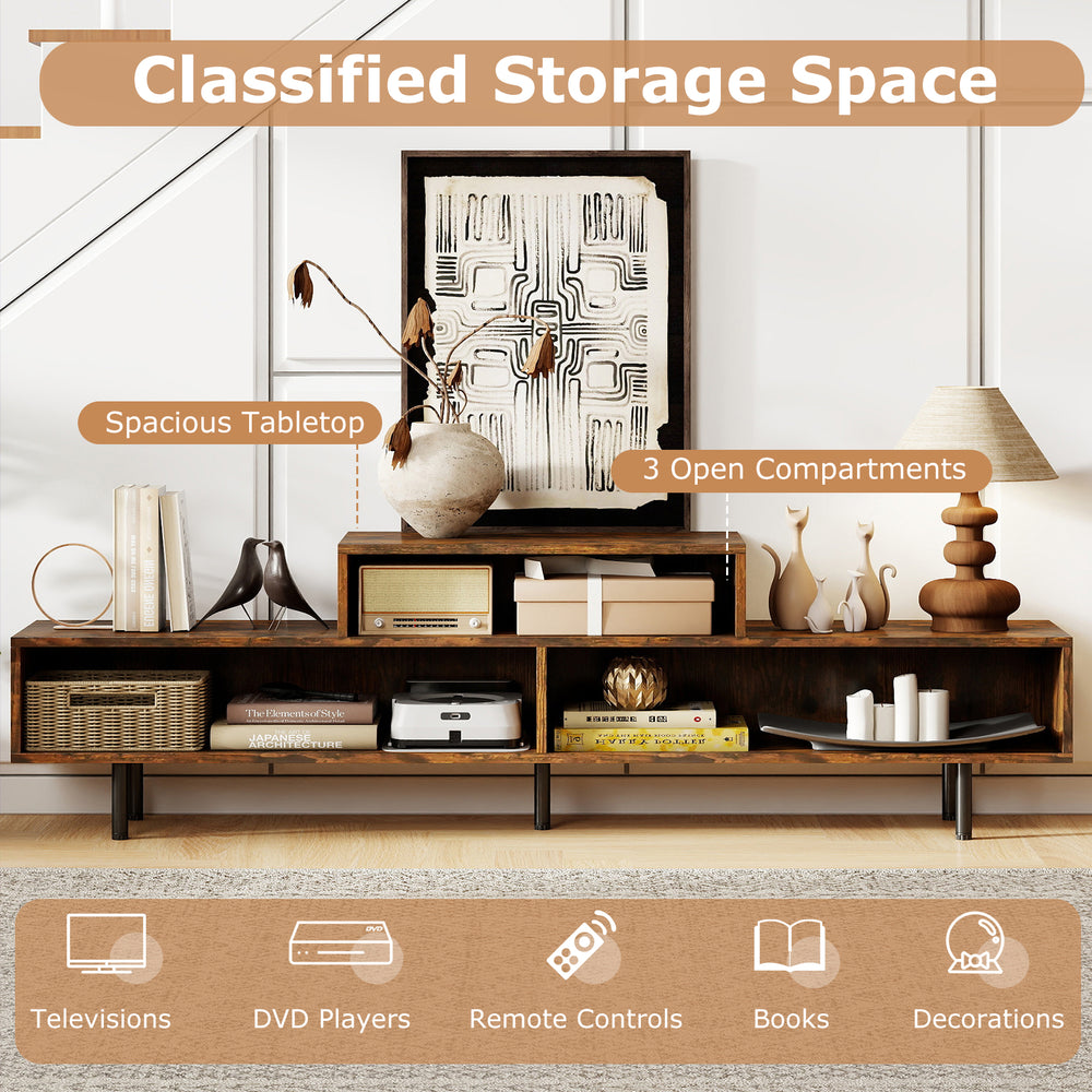 3 cubby TV stand in rustic brown with spacious tabletop and 3 open compartments for media accessories and decor.