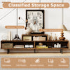 3 cubby TV stand in rustic brown with spacious tabletop and 3 open compartments for media accessories and decor.