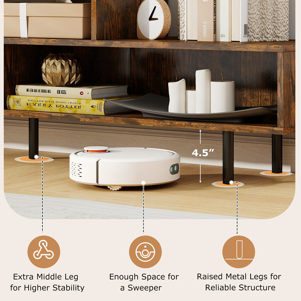 3 cubby TV stand in rustic brown with open storage compartments and raised metal legs for stability, suitable for TVs.