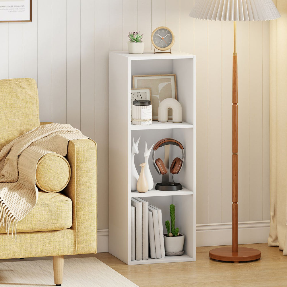Modern 3-cube bookshelf in white with open storage for books and decor, perfect for living room or bedroom organization.