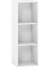 Three-cube white bookshelf with open storage for books and decor, featuring tool-free assembly and modern design.