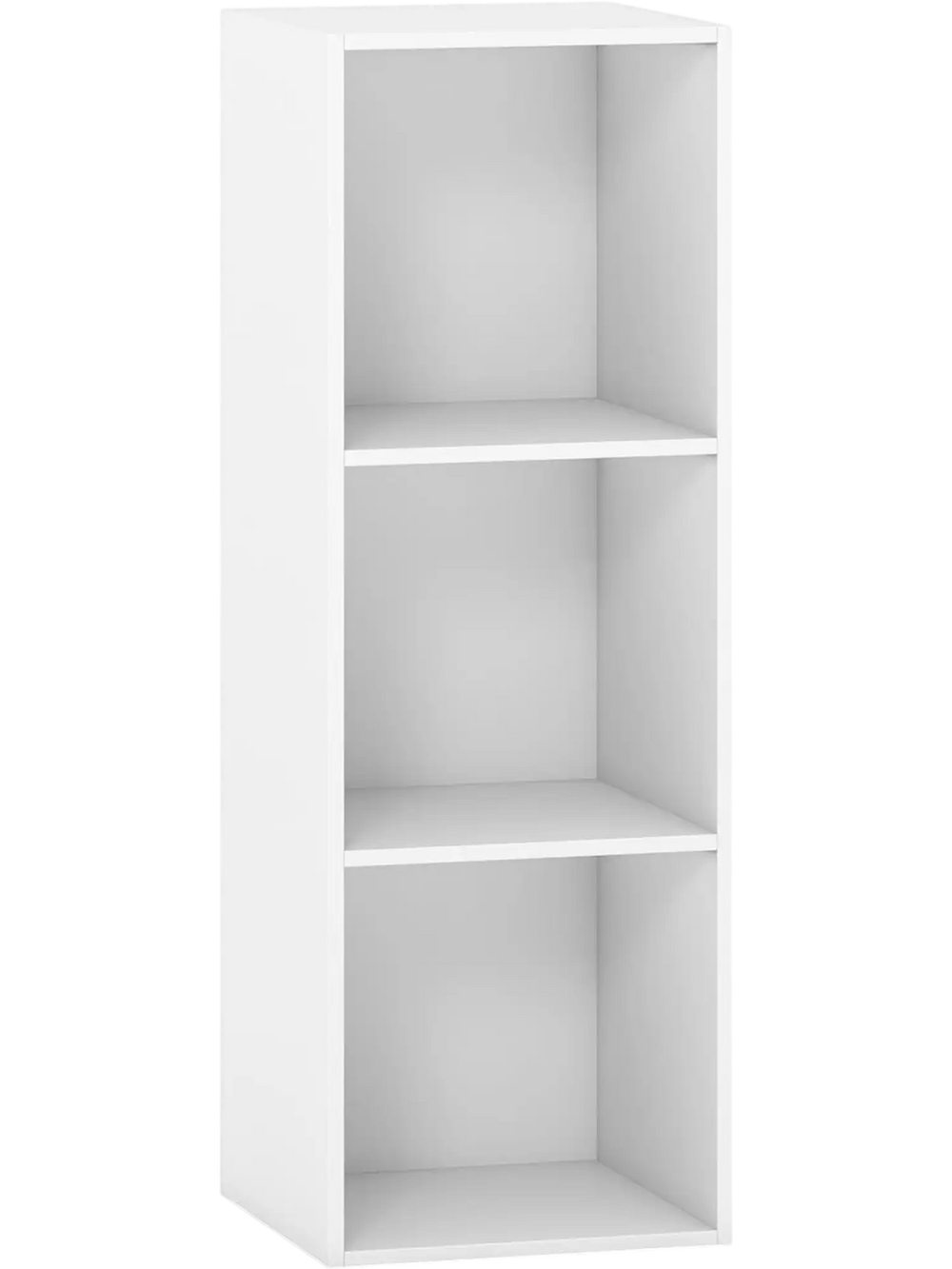 Three-cube white bookshelf with open storage for books and decor, featuring tool-free assembly and modern design.