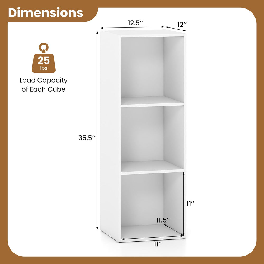 Three-cube white bookshelf with tool-free assembly, measuring 35.5 inches tall, ideal for organizing books and decor.