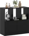 3-tier black bookcase with open compartments and 2-door cabinet, ideal for organized storage in living room or office.