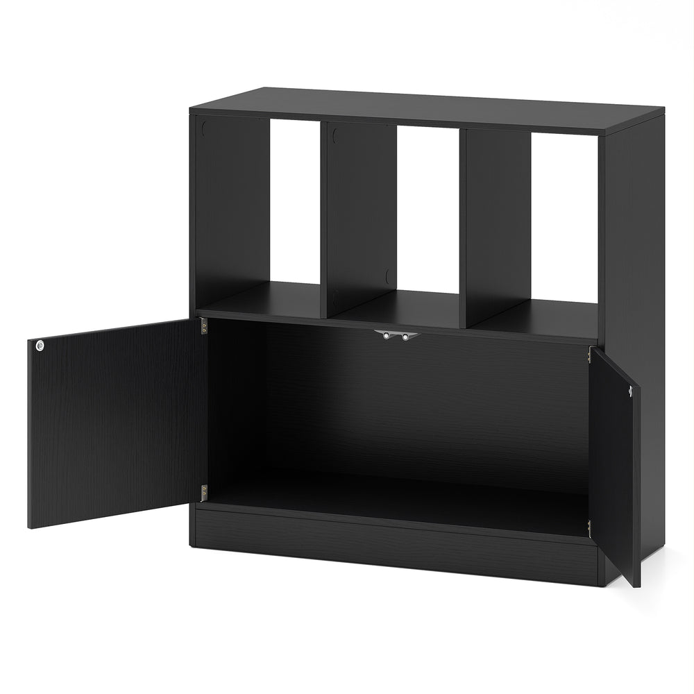 3-tier black bookcase with open compartments and 2-door cabinet for organized storage in living room or office.