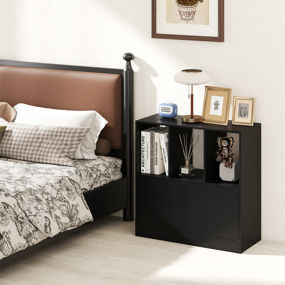 3-cube bookcase in black with open compartments and cabinet, perfect for organized storage in bedroom or office.