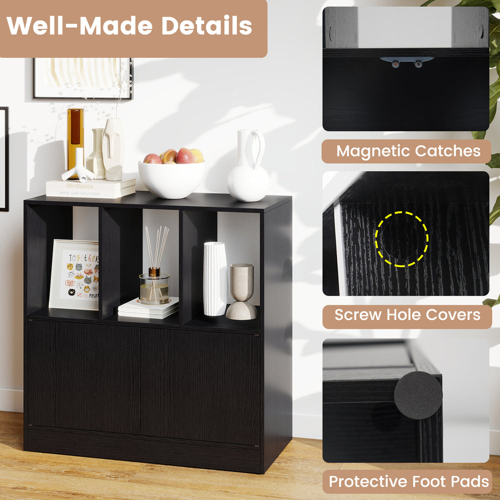3-cube bookcase in black with open compartments, 2-door cabinet, and protective foot pads for stable storage.