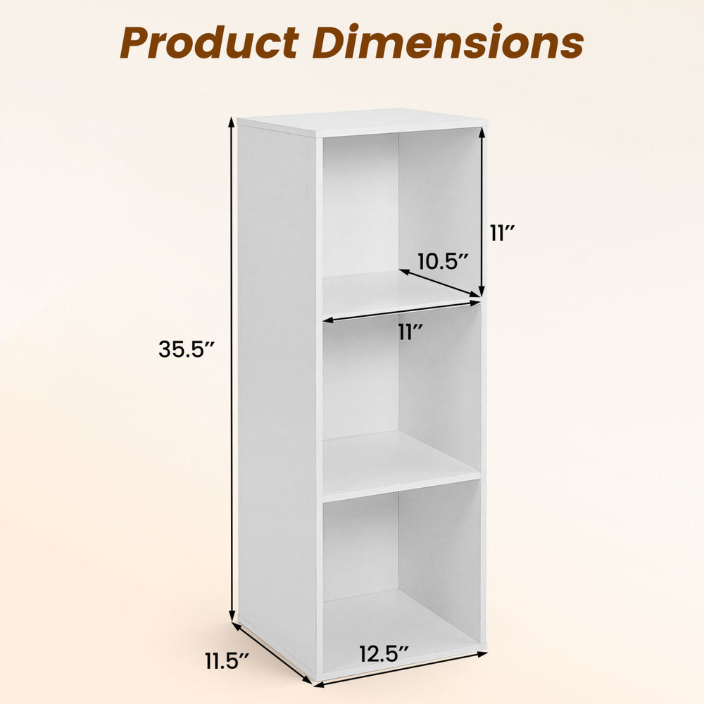 3-cube bookcase in white with dimensions shown, featuring anti-tipping kits for stability and suitable for home office use.