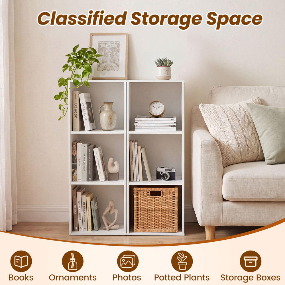 3-cube bookcase in white featuring open cubby storage for books and decor, ideal for home office or living room use.