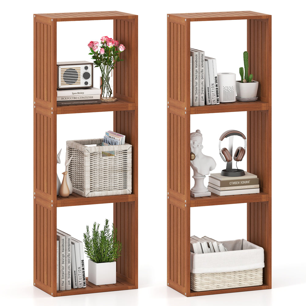 Solid wood 3 cube bookcases with open slatted design, ideal for storage or display in indoor and outdoor settings.