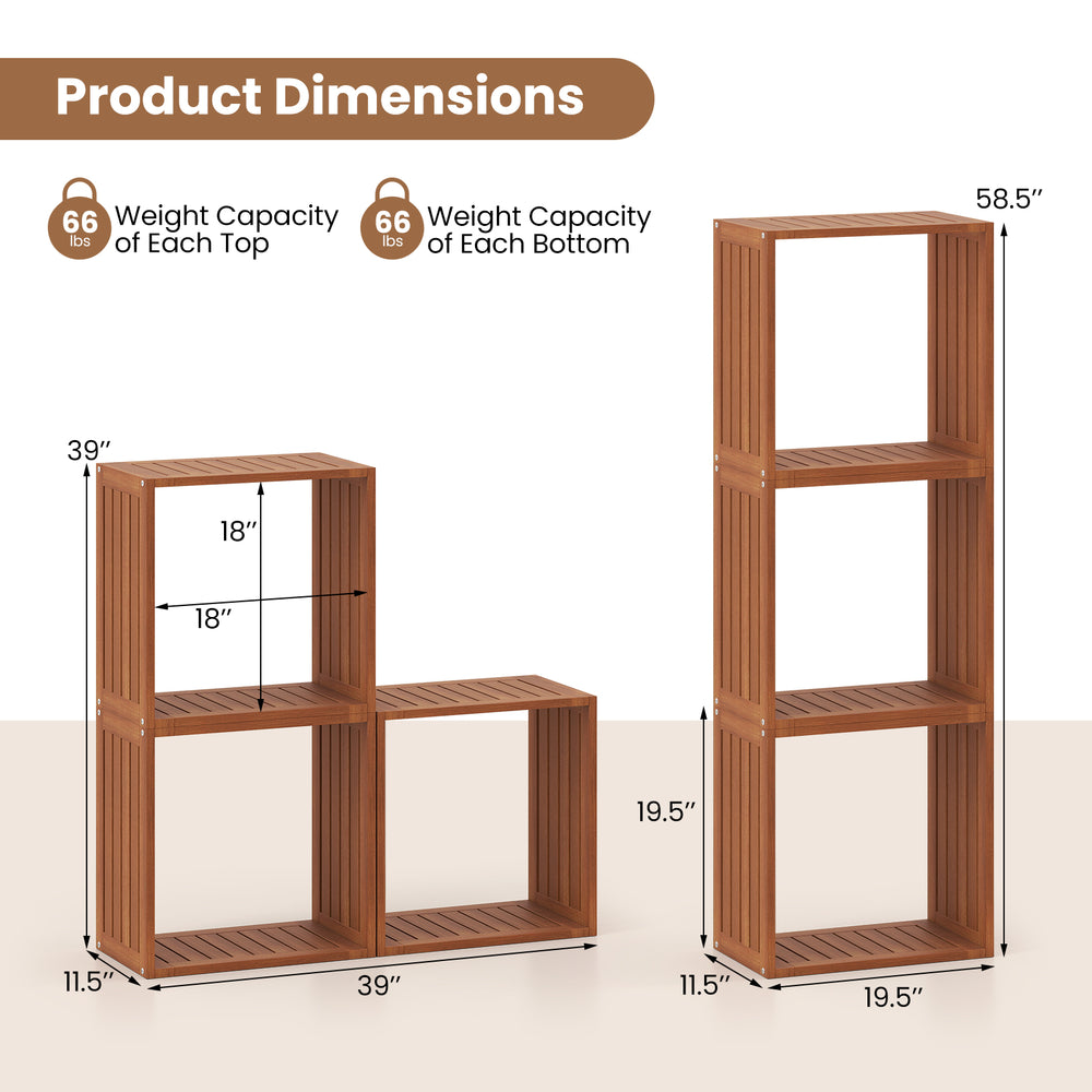 3 cube bookcases in solid wood, showcasing dimensions and weight capacity, ideal for versatile indoor or outdoor.