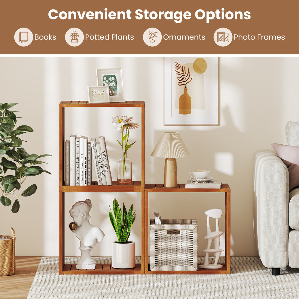 Three cube bookcases made of solid wood, showcasing an open slatted design for versatile indoor or outdoor storage.