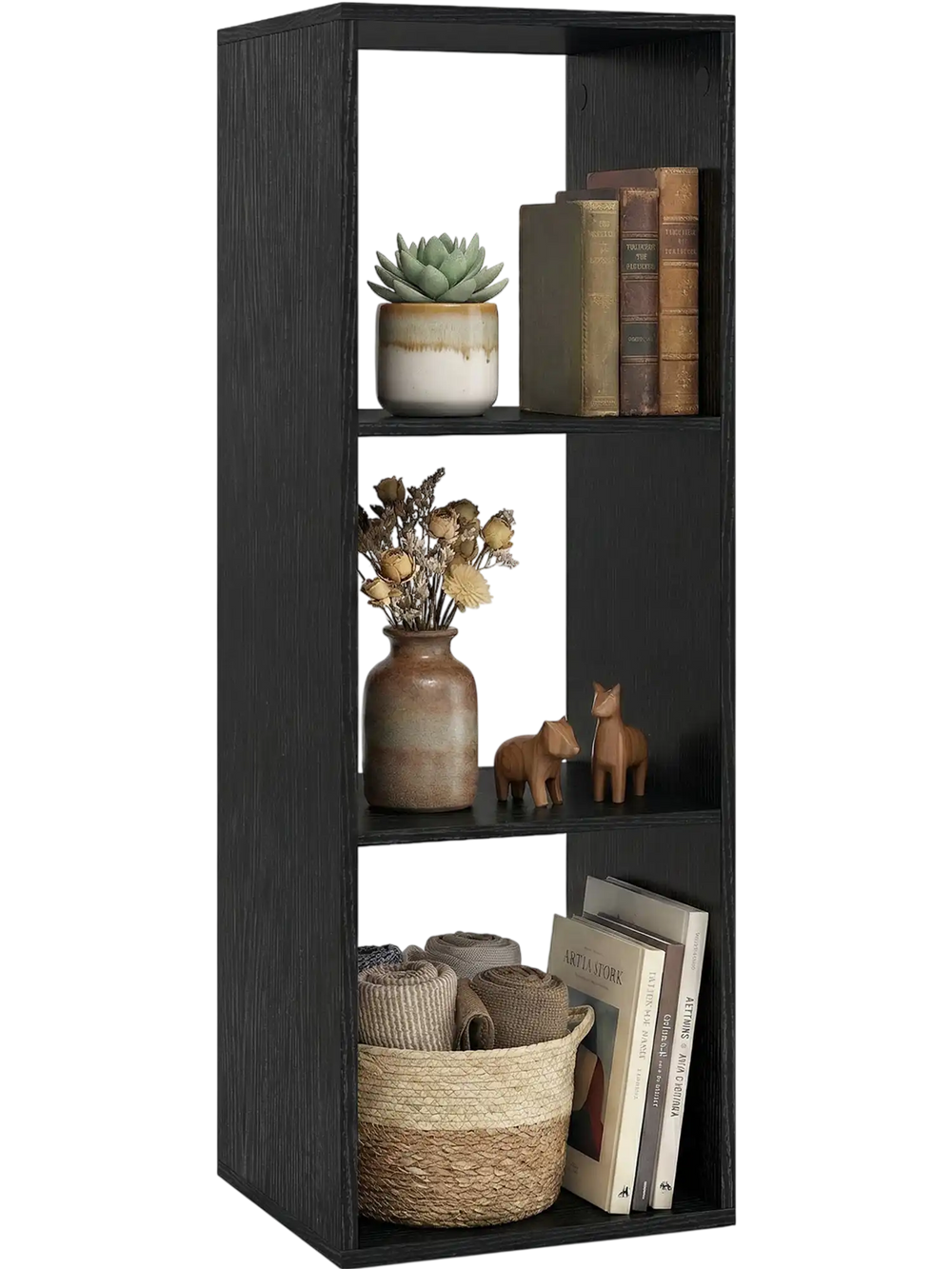 3-cube bookshelf in black with back guardrail, featuring elegant wood grain and ample storage for books and decor.