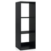 Black 3-cube bookshelf with back guardrail, featuring ample storage space and a stylish wood grain finish for living.