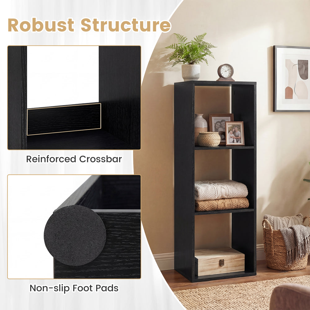 3-cube bookshelf in black with reinforced crossbar and non-slip foot pads, perfect for living room or bedroom storage.