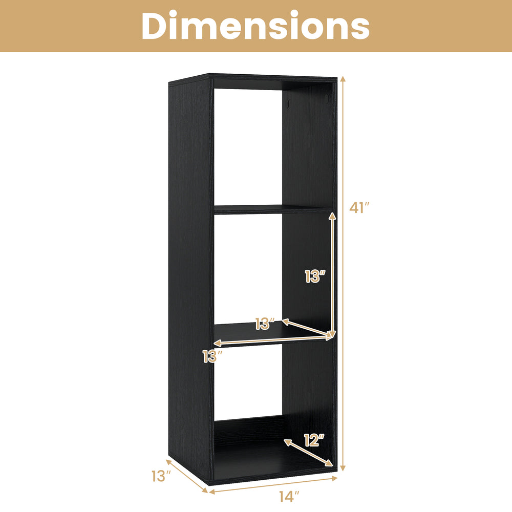 3-cube bookshelf in black with dimensions 41"H x 14"W x 13"D, featuring a back guardrail for stability and safety.