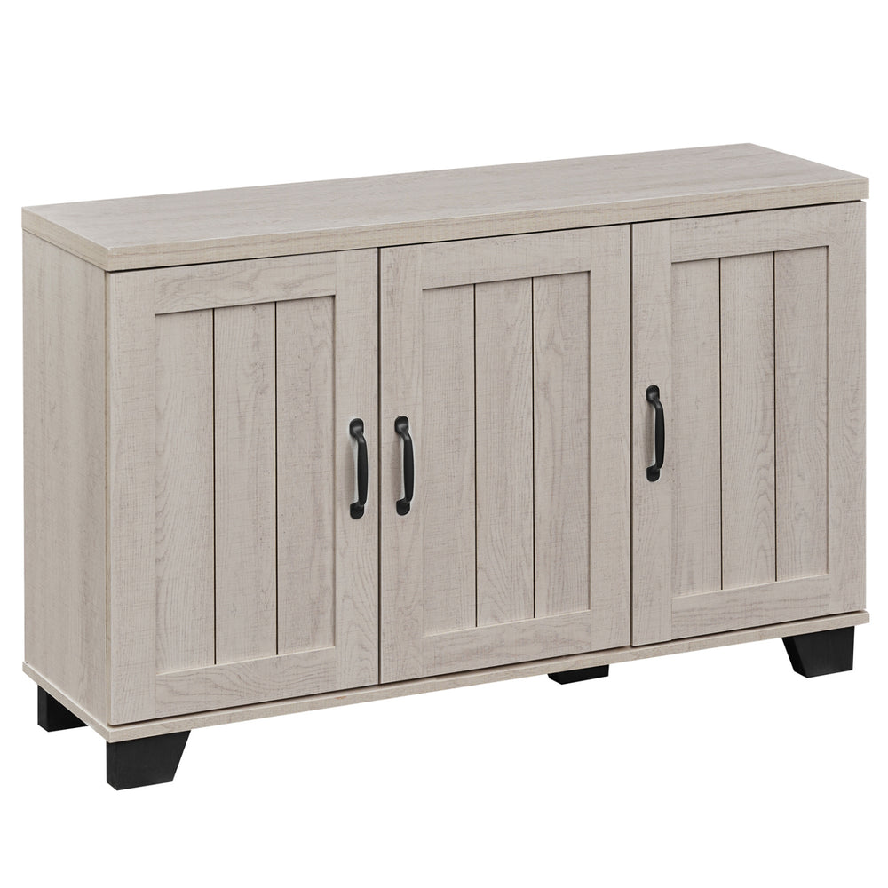 3-door buffet sideboard in white wash with adjustable shelves, metal handles, and anti-tipping kits for versatile.