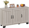 3-door buffet sideboard in white wash with adjustable shelves, metal handles, and cable management for versatile.