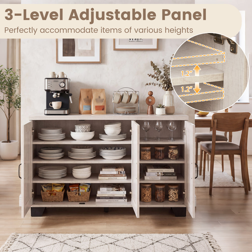 3-Door buffet sideboard in white wash with adjustable shelves, ideal for versatile storage in dining or living spaces.