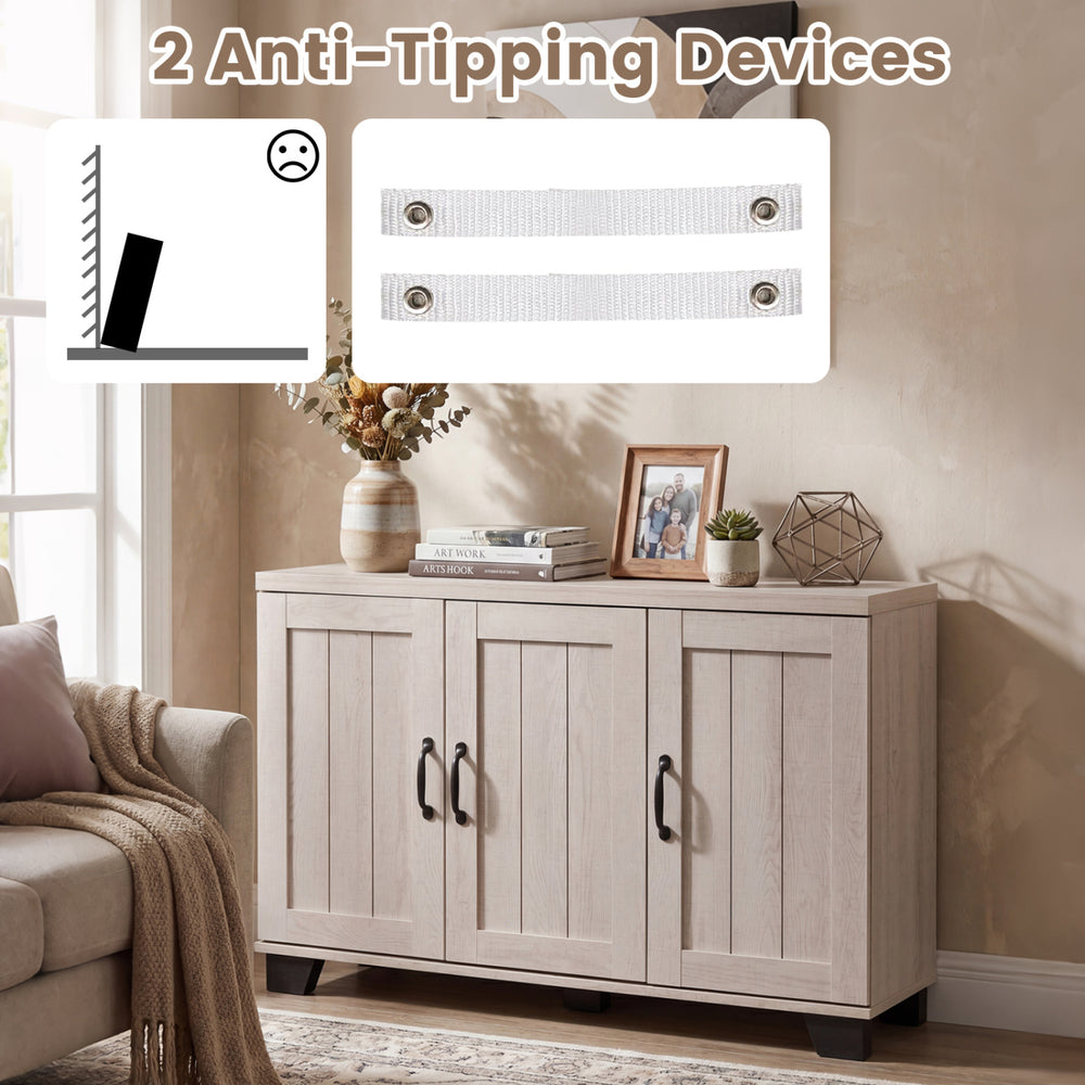 3-door buffet sideboard in white wash with adjustable shelves and dual anti-tipping kits for secure storage solutions.