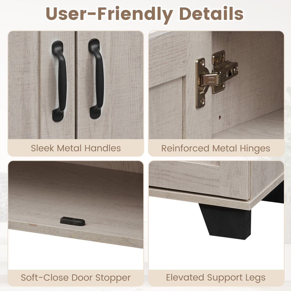 User-friendly details of the 3-door buffet sideboard, featuring sleek metal handles and reinforced hinges for.